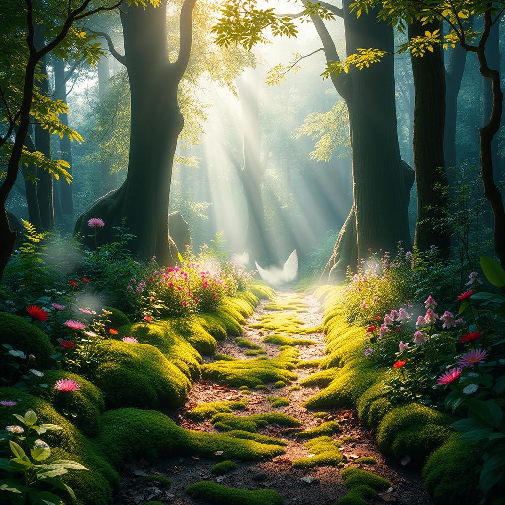 A mystical forest scene titled 'Jejak yang Tertinggal', featuring a serene, sunlit woodland path that invites exploration