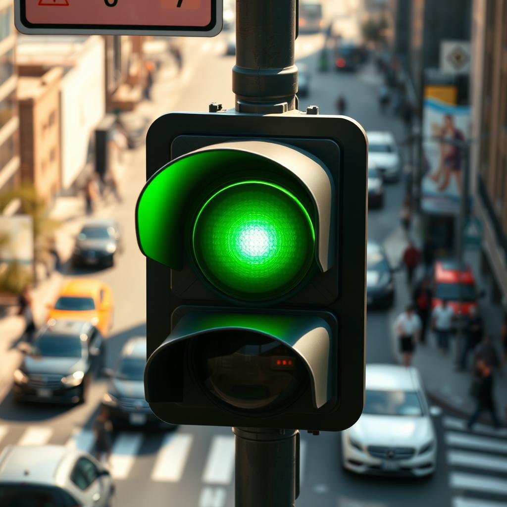 A vibrant green light emanating from a beautifully detailed artistic representation of a traffic signal