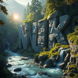 A highly detailed and realistic concept art of rocky cliffs shaped like the letters 'NIK'