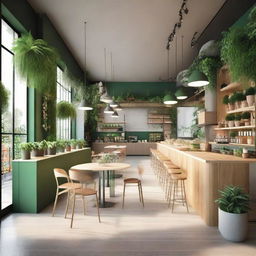 A concept design of an eco-friendly cafe, filled with a variety of indoor plants, sustainable materials, abundant natural light, and green color accents.