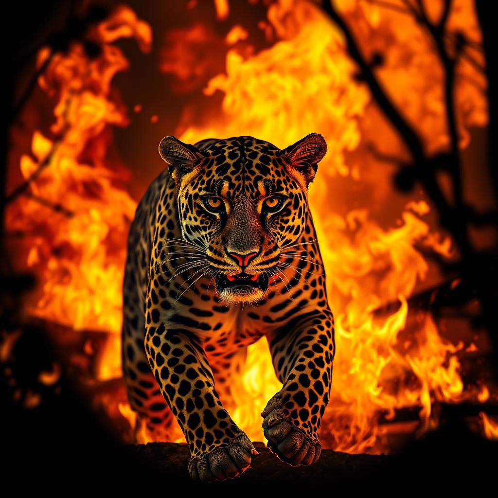 A majestic leopard emerging dramatically from a roaring fire, its fur beautifully illuminated by the flames