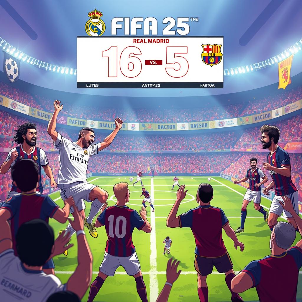 A digital illustration depicting an intense FIFA 25 football match between Real Madrid and Barcelona