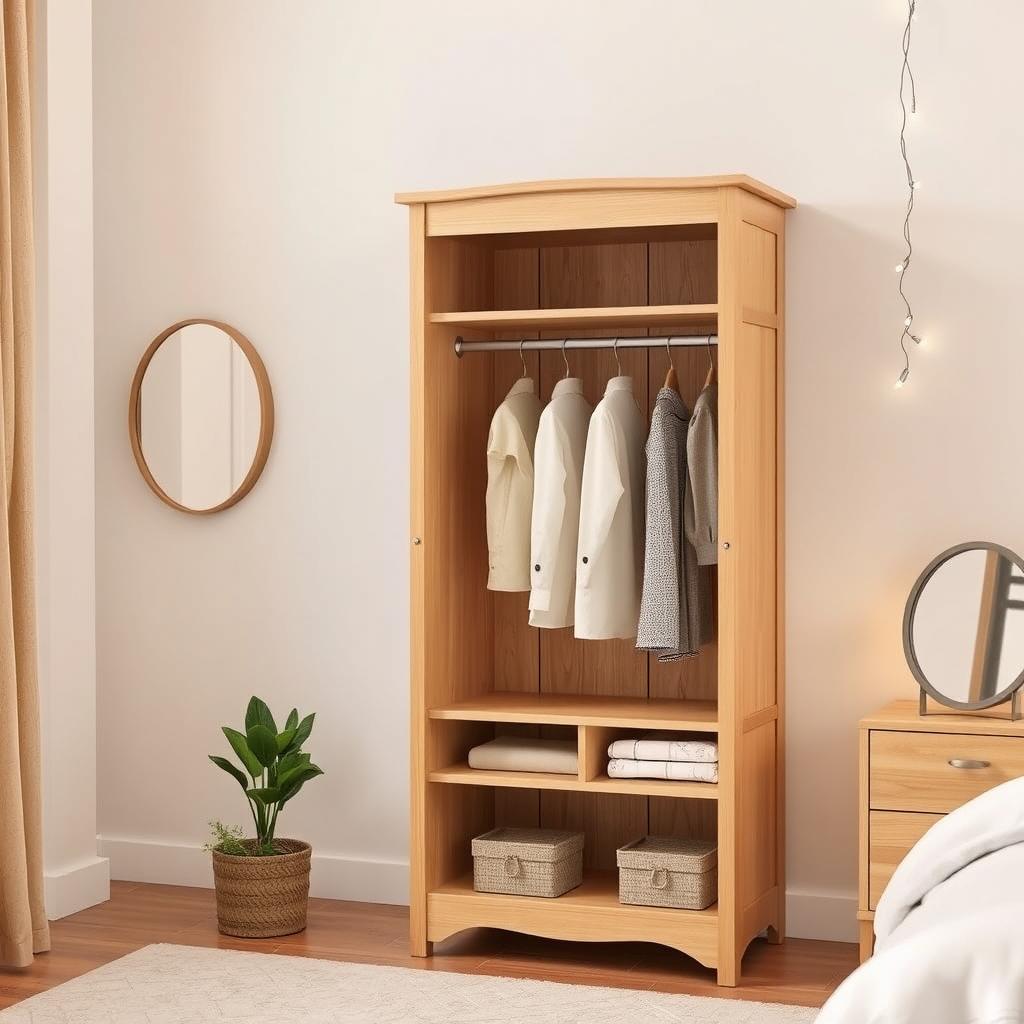 A minimalistic wooden mini wardrobe with an elegant design, featuring a combination of open shelves and closed compartments