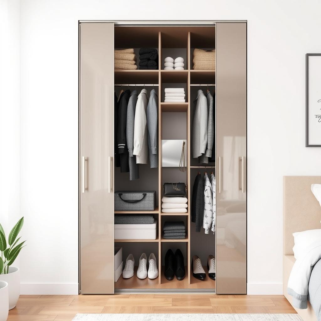 A compact and stylish mini closet designed for a modern bedroom, showcasing a blend of open and closed storage spaces