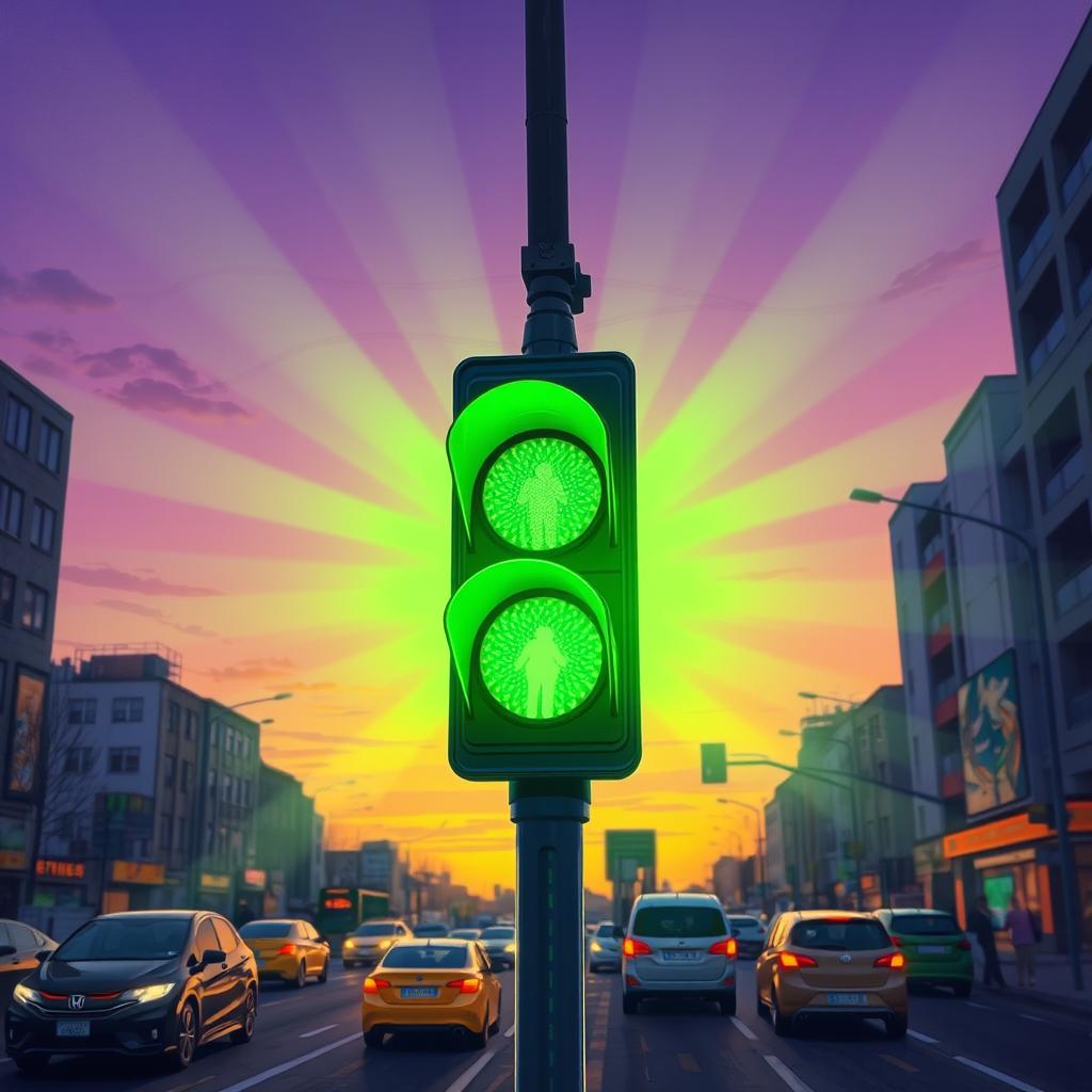 An artistic representation of a glowing green traffic light, capturing the essence of 'donner le feu vert' or 'giving the green light