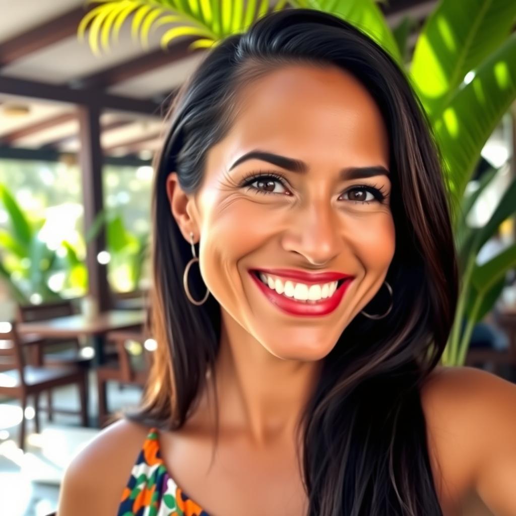 A Brazilian woman with a round face, aged 45, showcasing a vibrant smile and expressive eyes