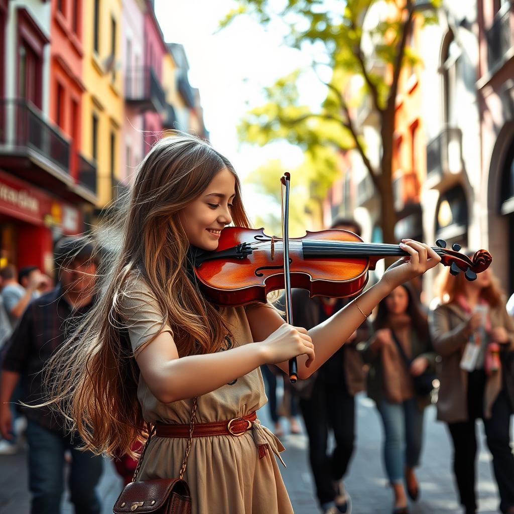 A young girl playing a beautiful violin on a bustling street, surrounded by colorful city buildings and passersby who are captivated by her performance