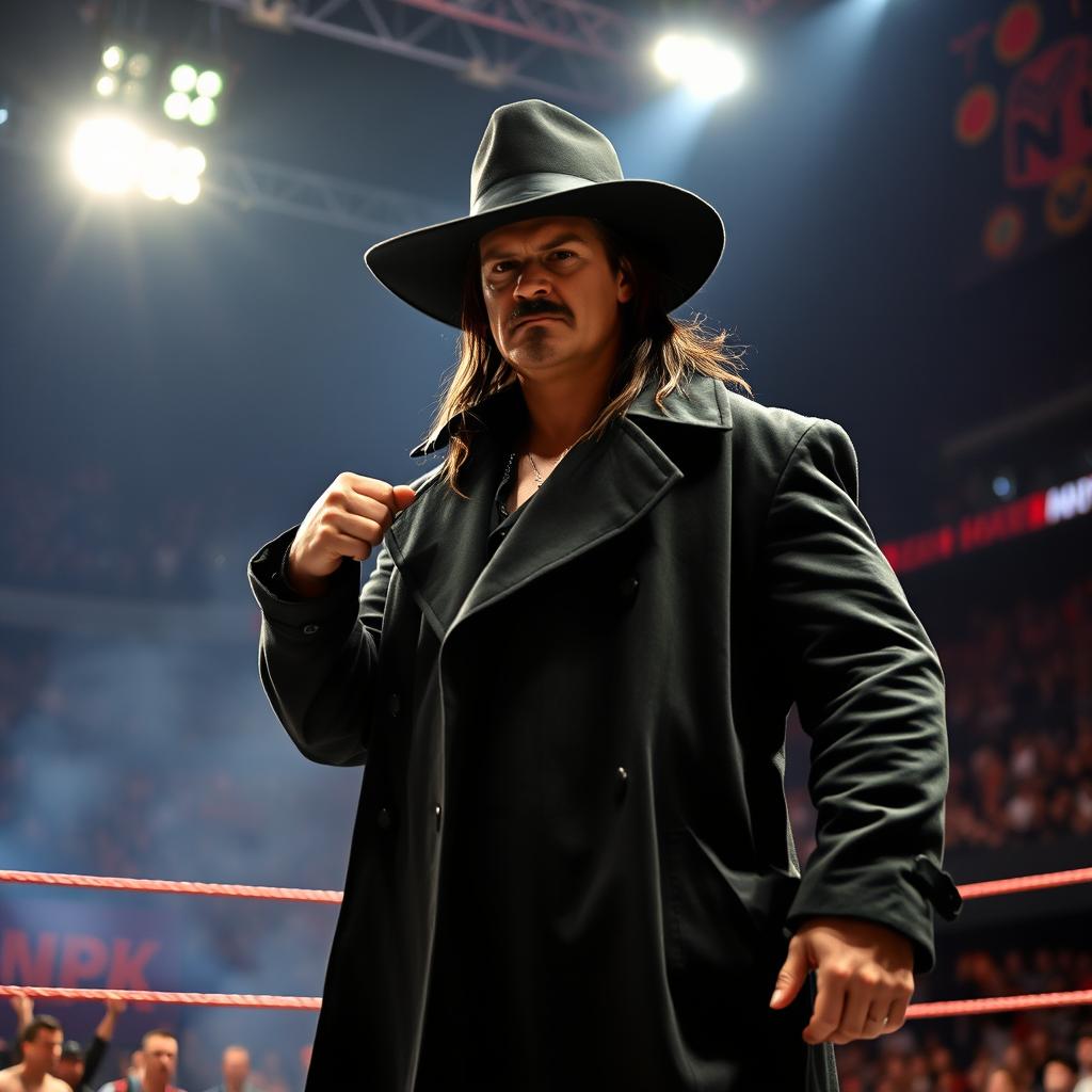 A dramatic scene featuring an imposing wrestler inspired by The Undertaker character, wearing a dark trench coat and wide-brimmed hat, standing in a wrestling ring with bright spotlight shining down