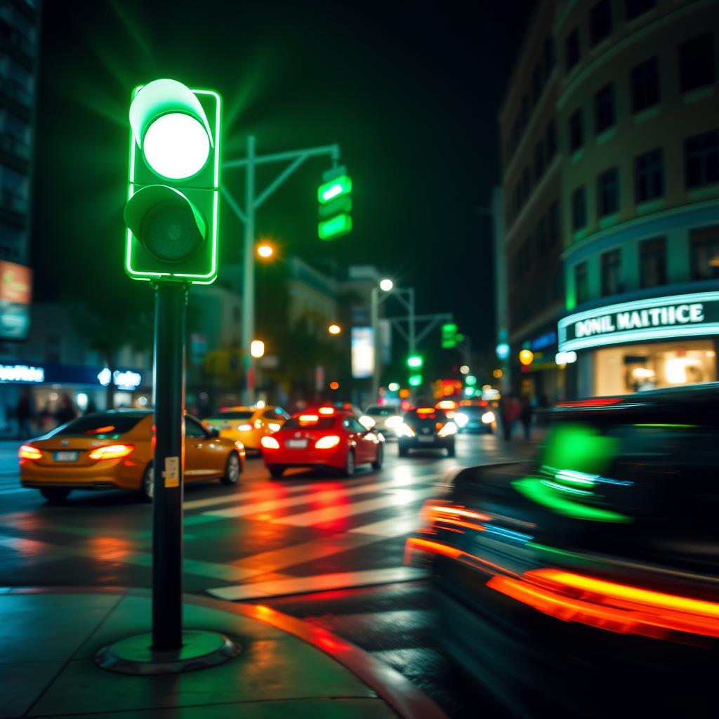 A vibrant green traffic light glowing brightly against a night sky, casting a warm green hue on nearby vehicles