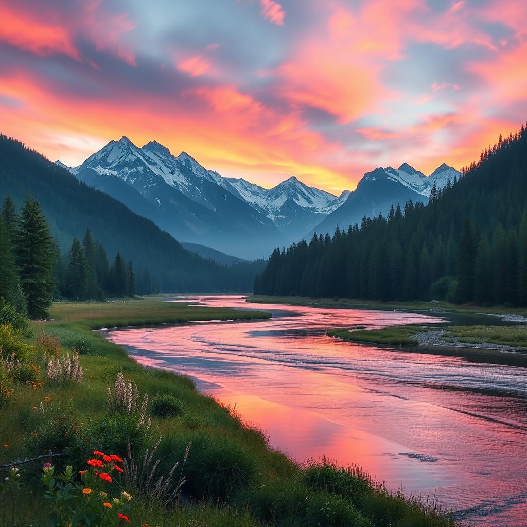A breathtaking landscape blending a lush green forest with towering snow-capped mountains in the background, the sky filled with vibrant pink and orange hues of the sunset, a serene river flowing through the scene reflecting the colors of the sky, wildflowers blooming along the riverbanks, and a gentle breeze creating ripples on the water's surface