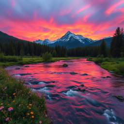 A breathtaking landscape blending a lush green forest with towering snow-capped mountains in the background, the sky filled with vibrant pink and orange hues of the sunset, a serene river flowing through the scene reflecting the colors of the sky, wildflowers blooming along the riverbanks, and a gentle breeze creating ripples on the water's surface