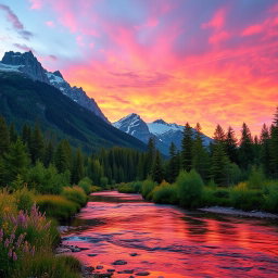 A breathtaking landscape blending a lush green forest with towering snow-capped mountains in the background, the sky filled with vibrant pink and orange hues of the sunset, a serene river flowing through the scene reflecting the colors of the sky, wildflowers blooming along the riverbanks, and a gentle breeze creating ripples on the water's surface