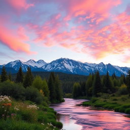 A breathtaking landscape blending a lush green forest with towering snow-capped mountains in the background, the sky filled with vibrant pink and orange hues of the sunset, a serene river flowing through the scene reflecting the colors of the sky, wildflowers blooming along the riverbanks, and a gentle breeze creating ripples on the water's surface