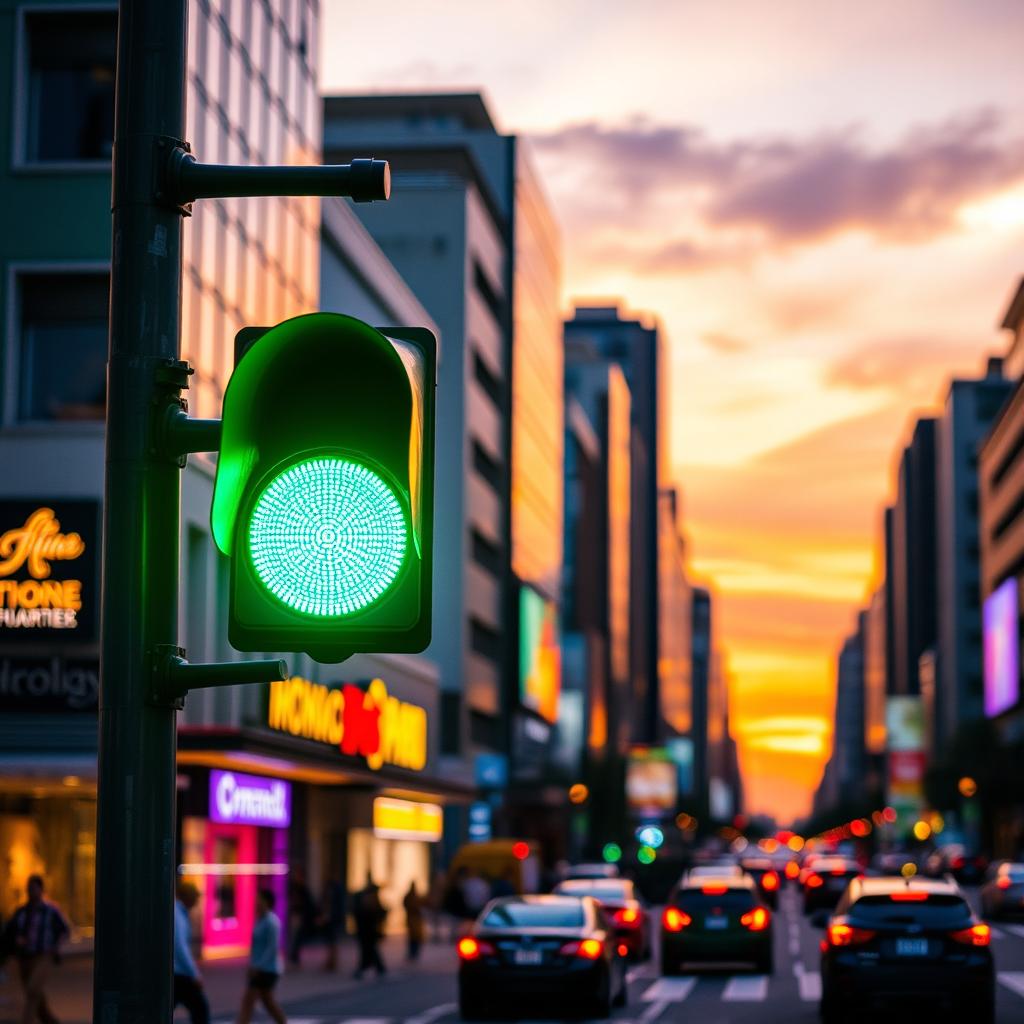 A vibrant green traffic light glowing brightly at dusk, set against a cityscape filled with modern architecture