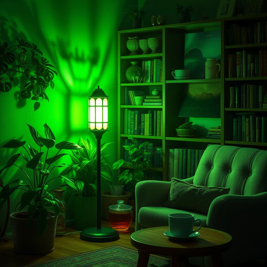 A glowing green lamp radiating soft, warm light in a serene setting