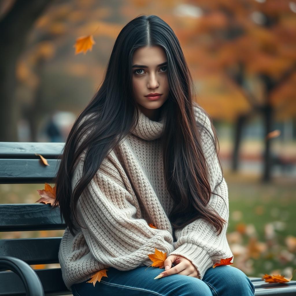 A young woman sitting alone on a park bench, her expression reflecting deep sadness