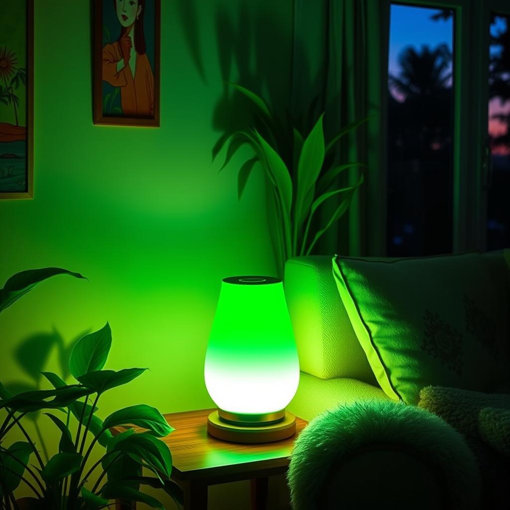 A beautifully designed green lamp glowing with a soft, warm green light in an inviting room