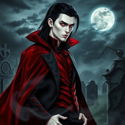 A striking vampire character for a gothic novel cover, featuring an elegant and darkly handsome figure with pale skin and piercing crimson eyes