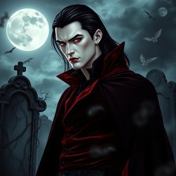 A striking vampire character for a gothic novel cover, featuring an elegant and darkly handsome figure with pale skin and piercing crimson eyes