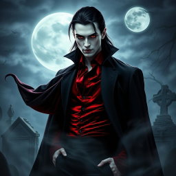 A striking vampire character for a gothic novel cover, featuring an elegant and darkly handsome figure with pale skin and piercing crimson eyes
