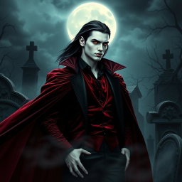 A striking vampire character for a gothic novel cover, featuring an elegant and darkly handsome figure with pale skin and piercing crimson eyes