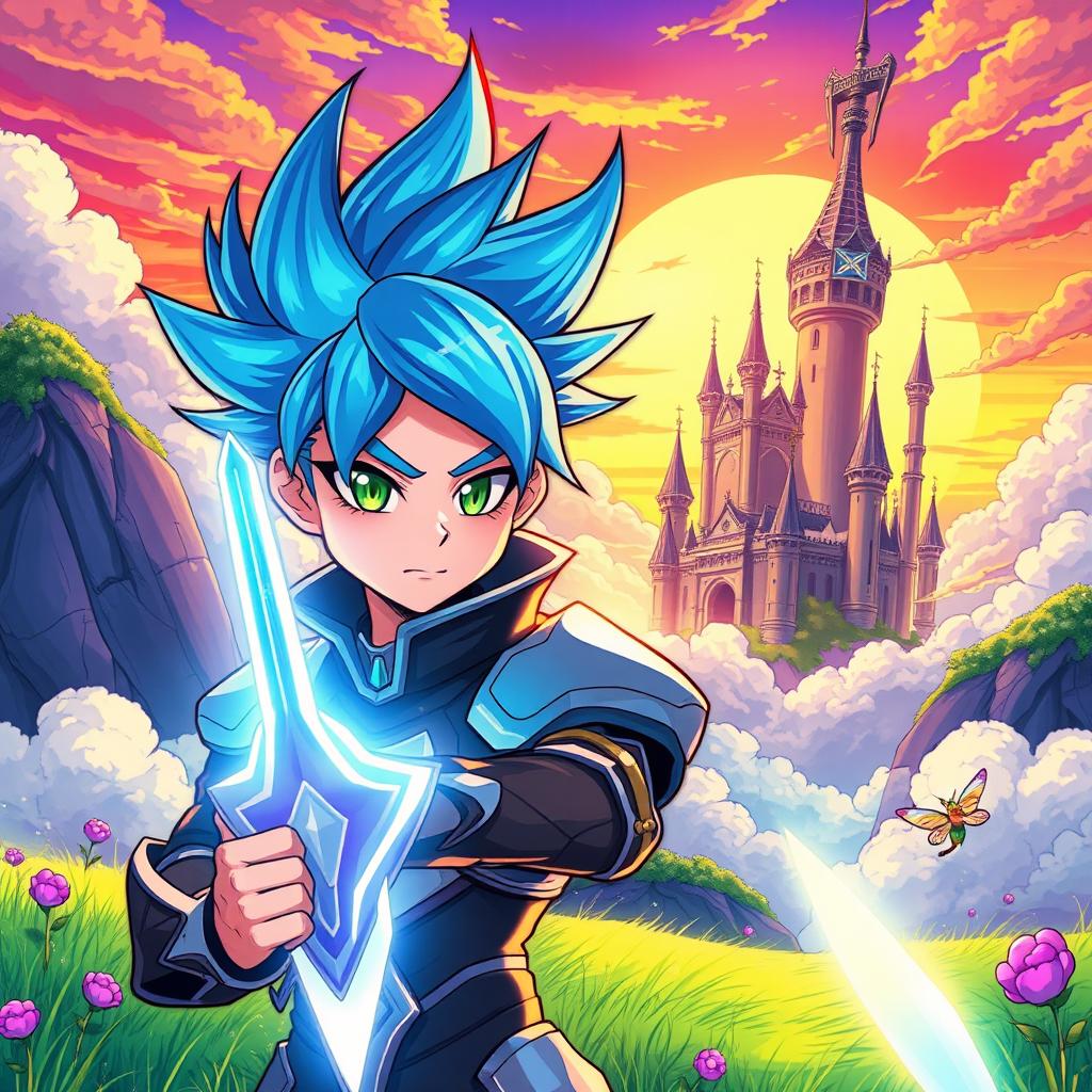 A vibrant anime-style illustration featuring a fantasy landscape, with colorful, exaggerated features