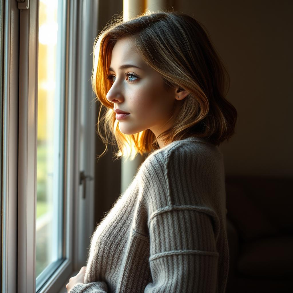 A young woman with scoliosis standing in a softly lit room, her posture slightly curved due to the condition