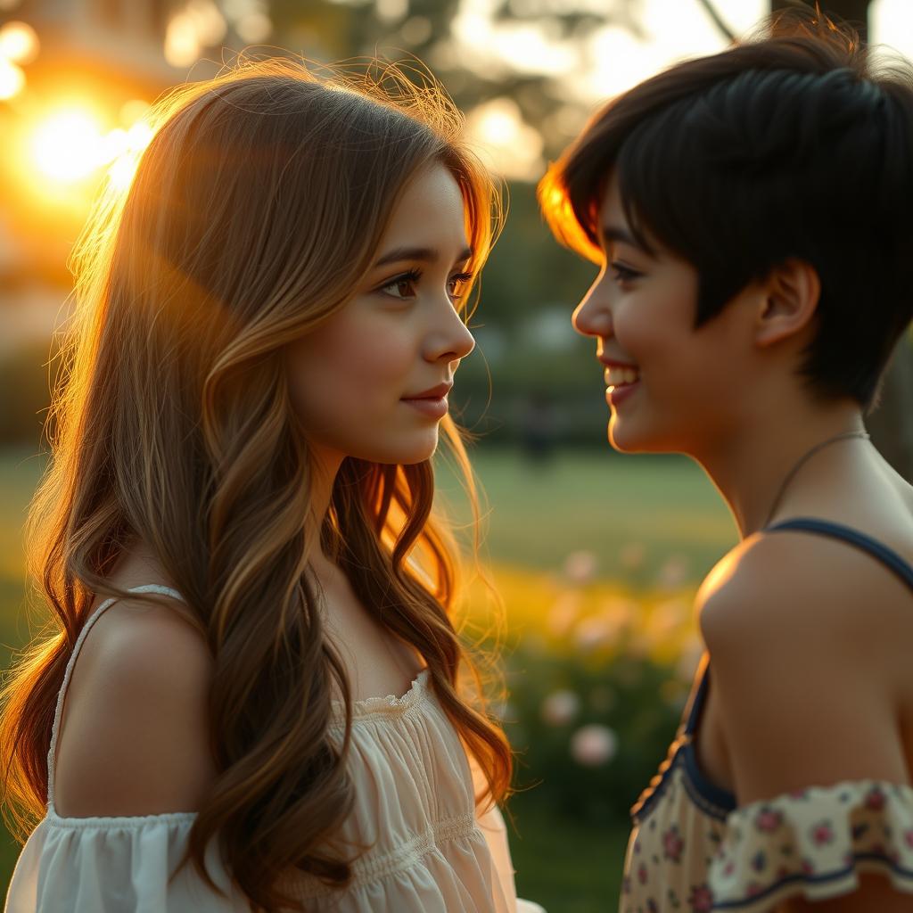 A girl gazing at her friend with deep longing in her eyes, capturing a tender moment of unspoken feelings
