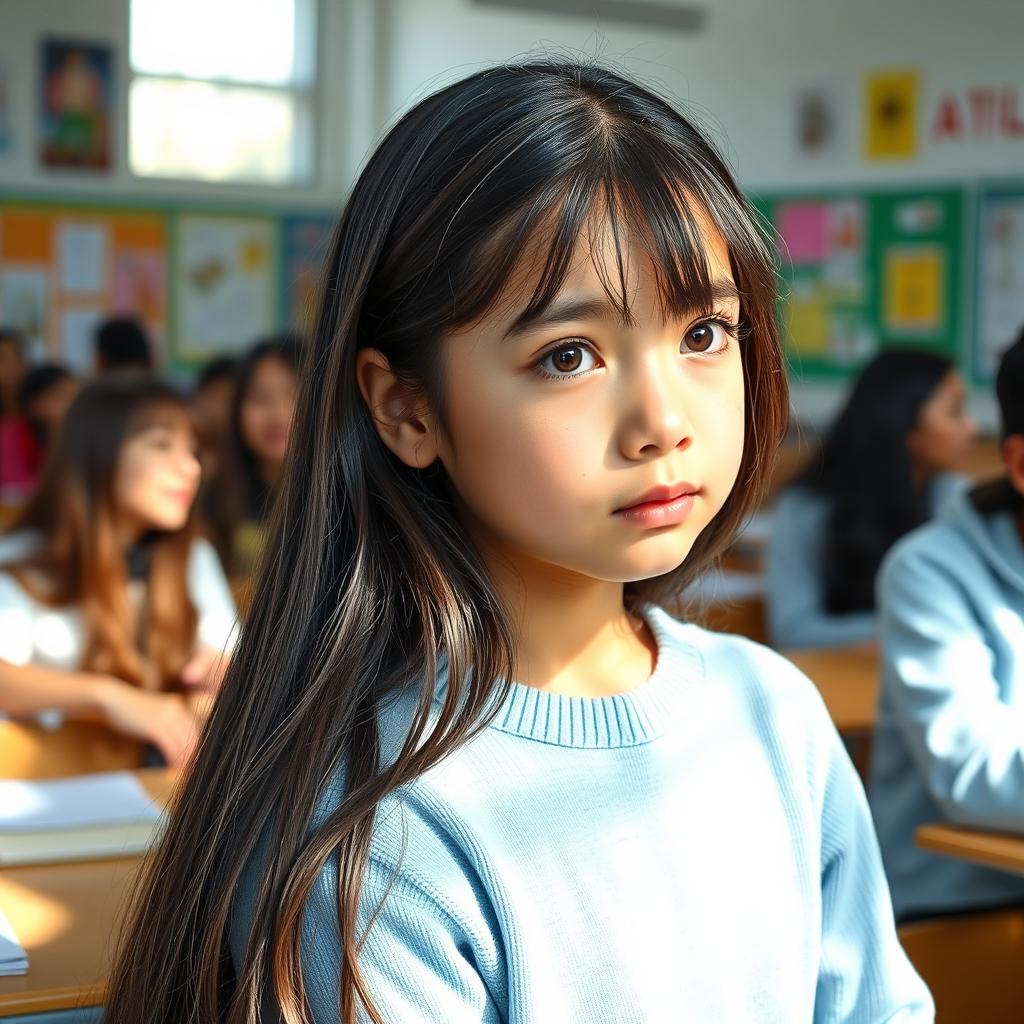 A teenage girl with long dark hair, wearing a light blue sweater, gazing at her classmates with tears in her eyes