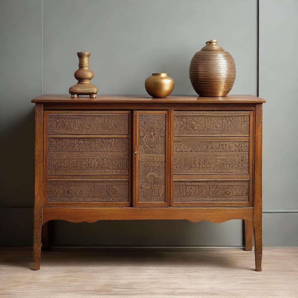 A finely crafted wooden cabinet with intricate engravings and brass handles