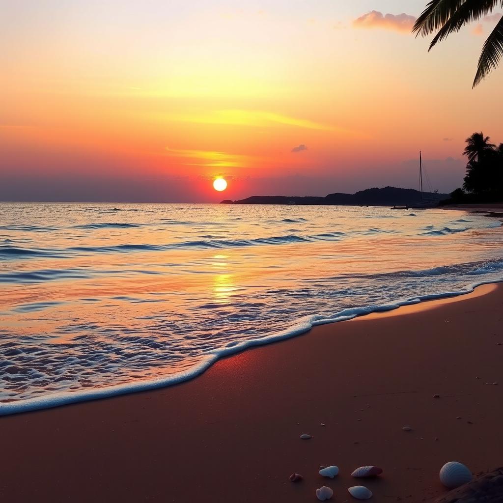 A beautiful sunset over a tranquil beach, the sky painted in hues of orange, pink, and purple as the sun dips below the horizon