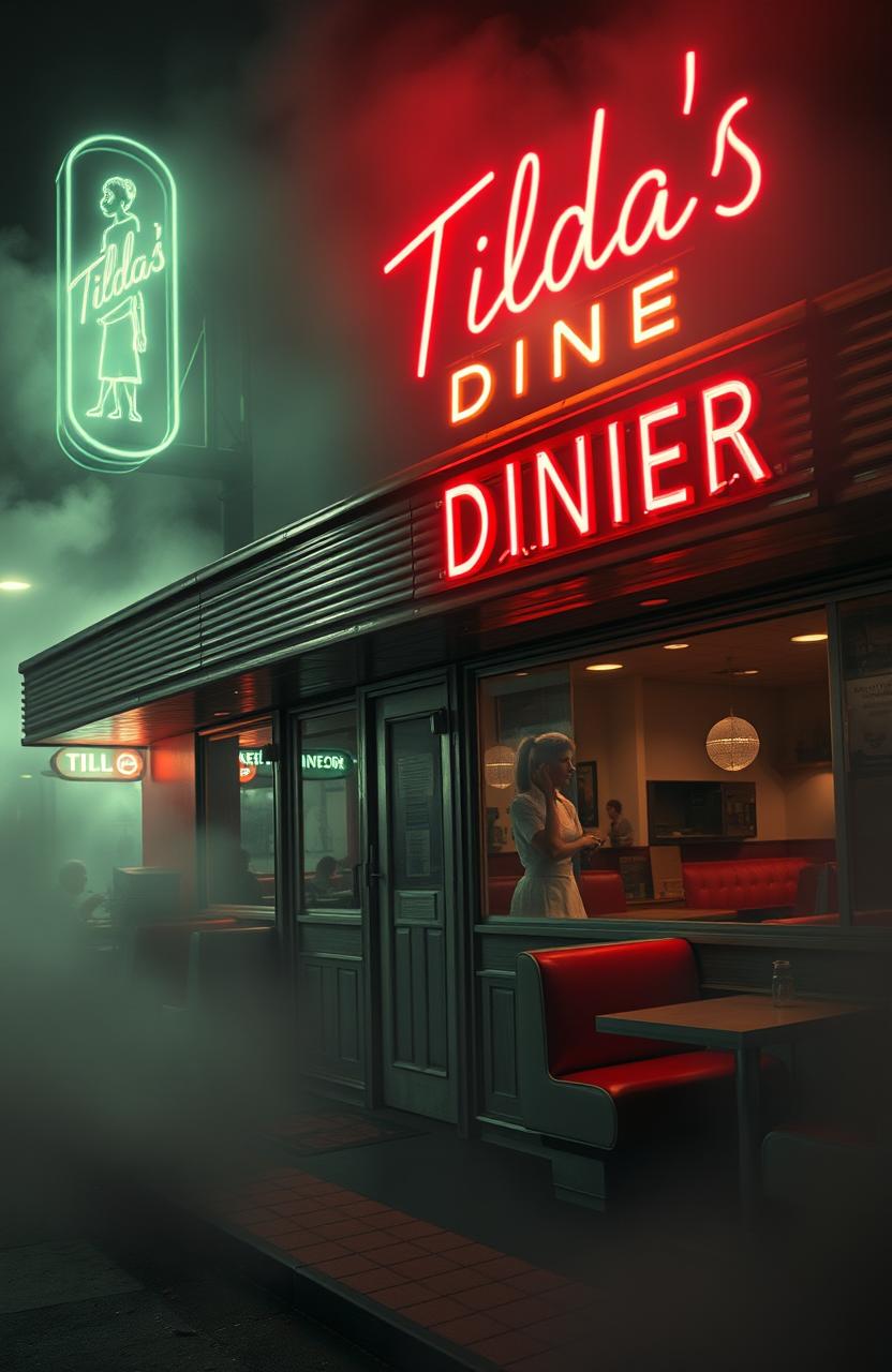 A spooky yet inviting scene of Tilda's Diner, an old-fashioned, retro-style diner with a neon sign flickering dimly at night