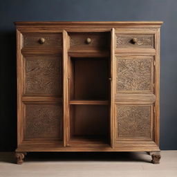 A finely crafted wooden cabinet with intricate engravings and brass handles