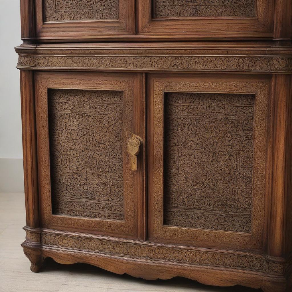 A finely crafted wooden cabinet with intricate engravings and brass handles