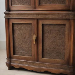 A finely crafted wooden cabinet with intricate engravings and brass handles