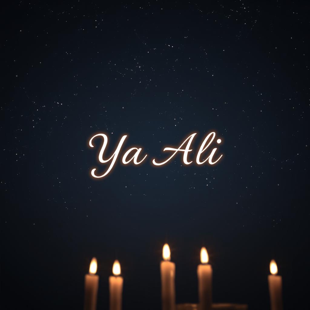 A night sky filled with twinkling stars, prominently featuring the name 'Ya Ali' elegantly illuminated among the stars