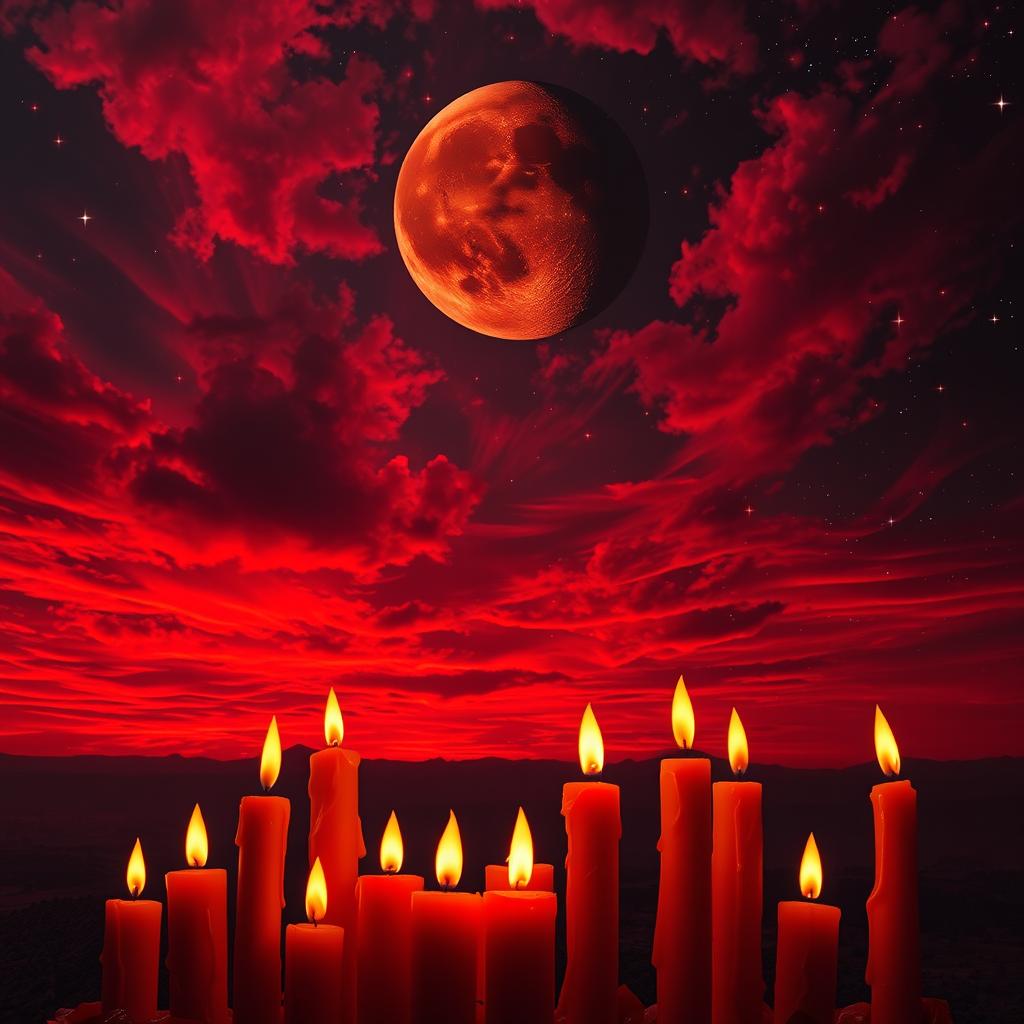 A dramatic sky filled with blood-red clouds swirling ominously, contrasting with brilliant, brightly shining stars scattered across the vast expanse