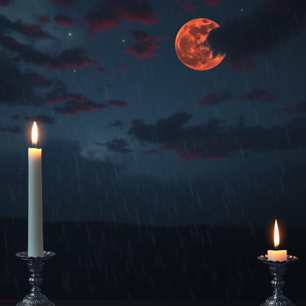 A deeply melancholic night scene depicting a sky with gentle rain and blood-red clouds