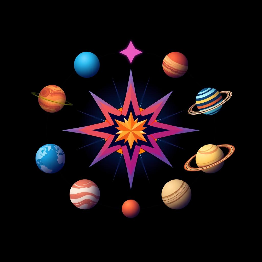A logo design featuring a vibrant star at the center, surrounded by the eight planets of the solar system arranged in a perfect circular formation