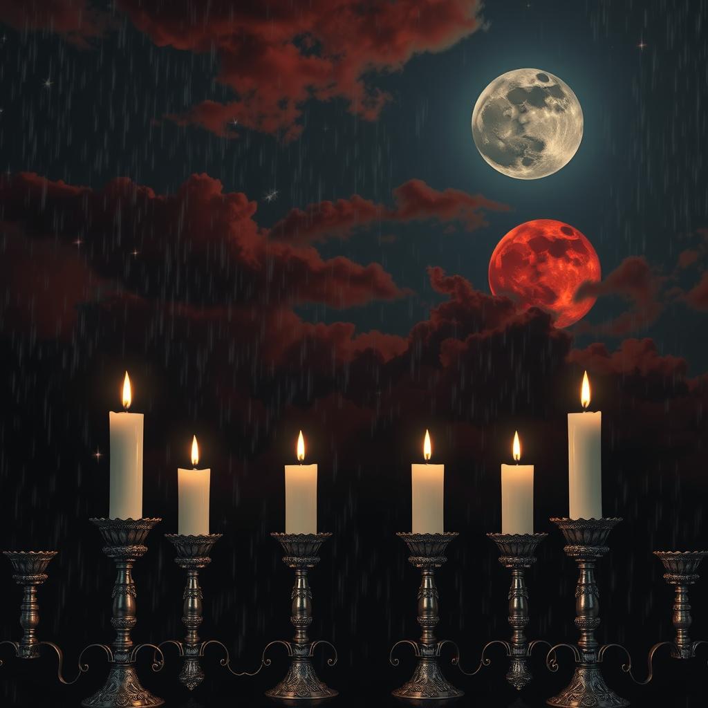 A profoundly melancholic night scene featuring a sky with gentle rain and blood-red clouds