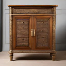 A finely crafted wooden cabinet with intricate engravings and brass handles