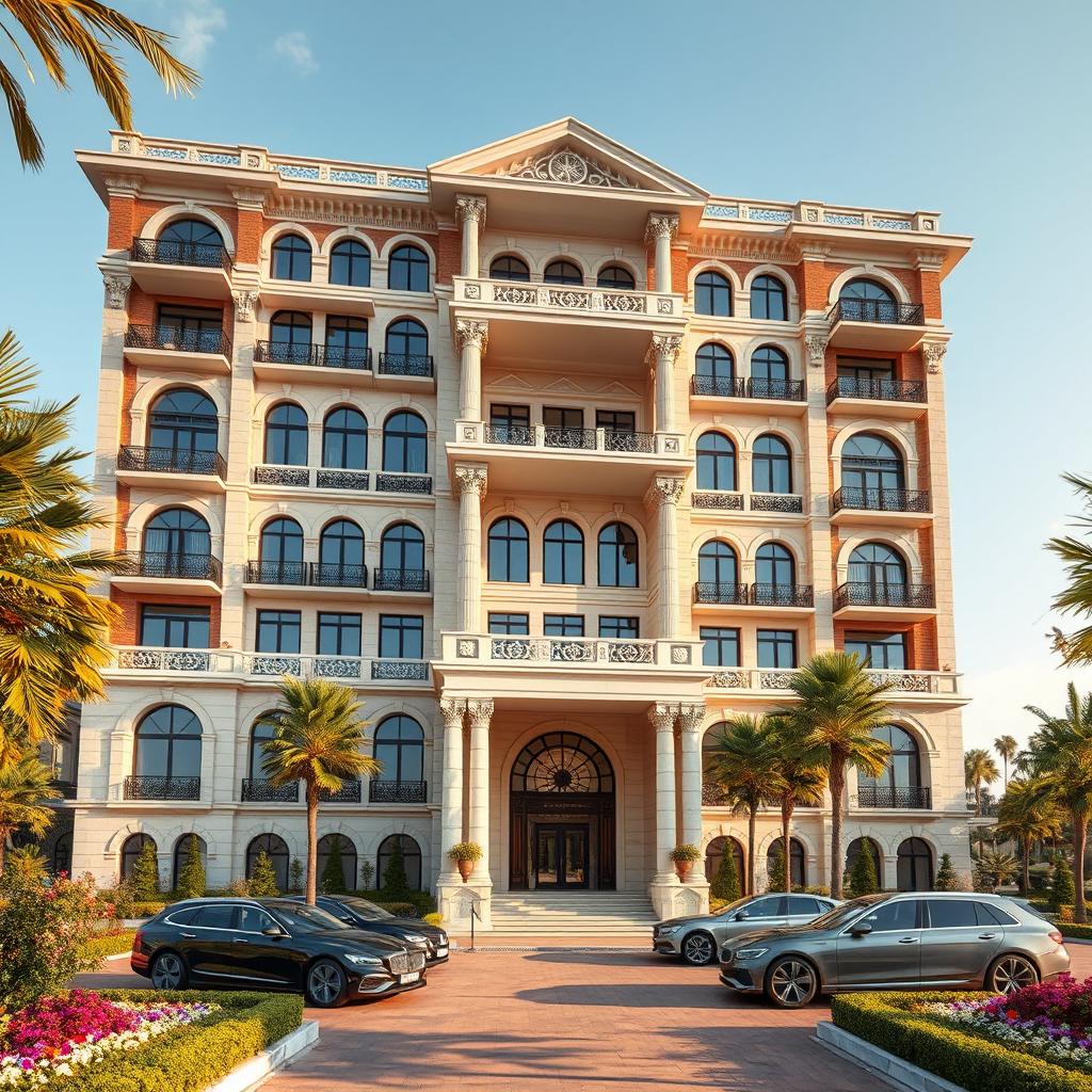 A grand 10-story residential tower featuring a blend of modern architecture and historical elements inspired by the Achaemenid era