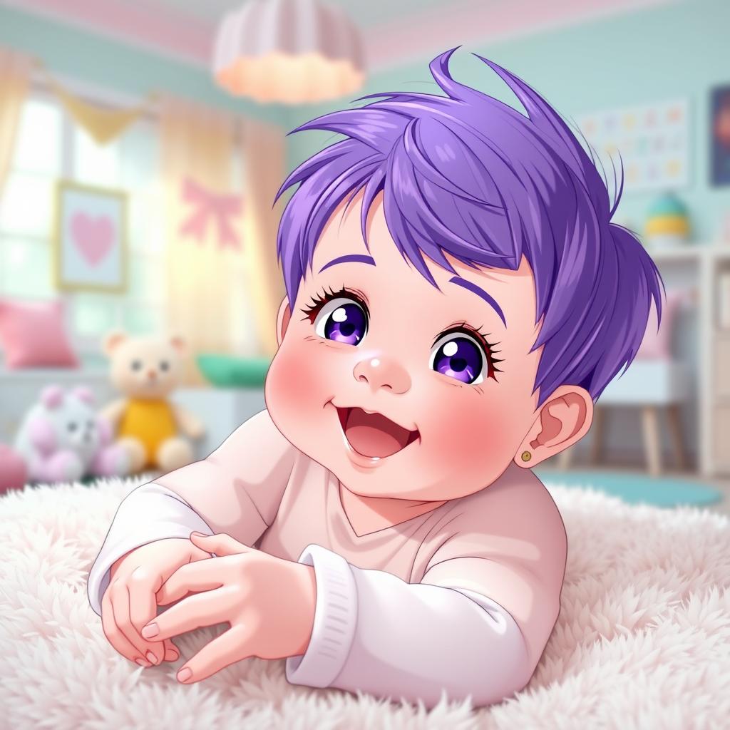 A cute 1-month-old baby boy with vibrant purple hair, inspired by the character Atsushi Murasakibara from the anime