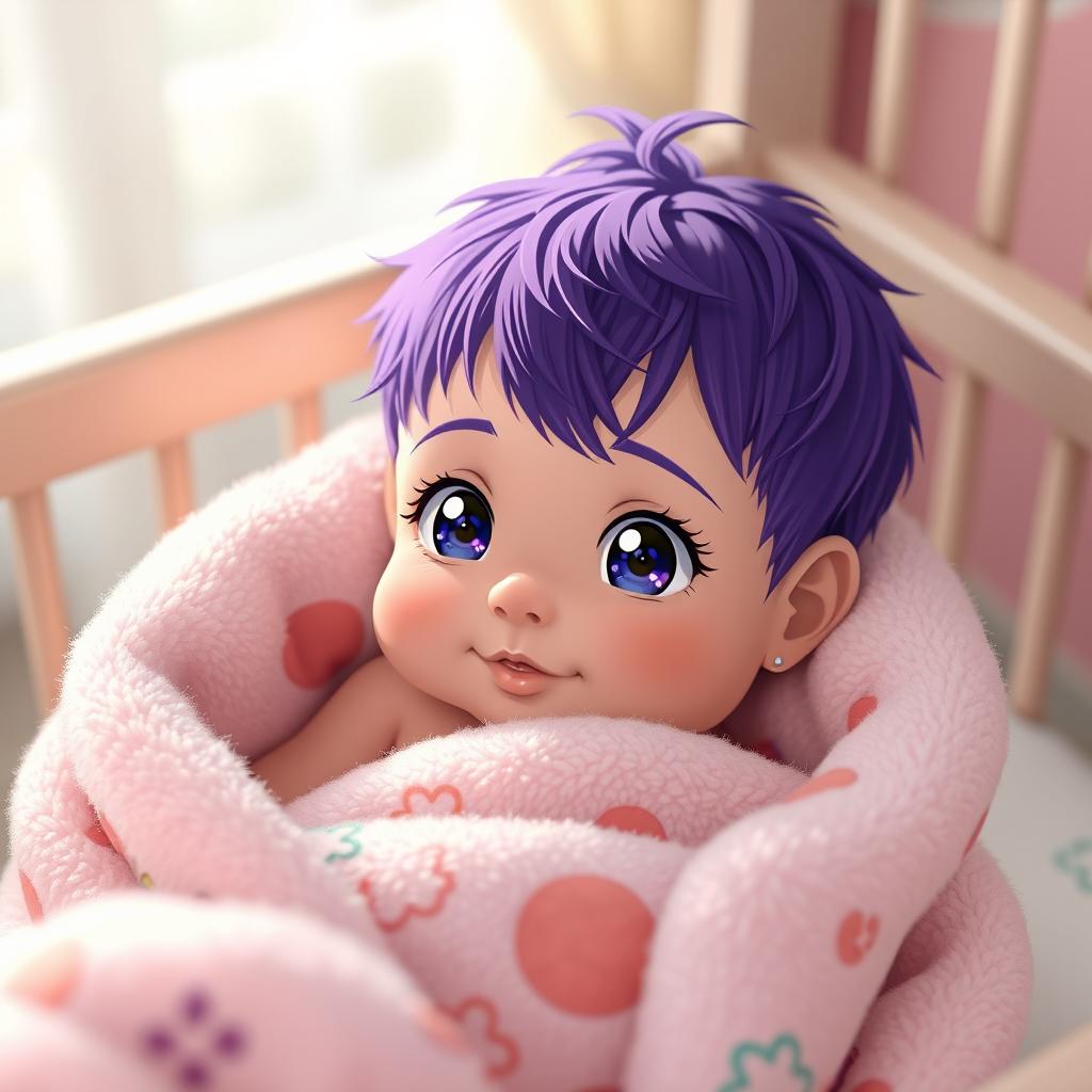 A 1-month-old baby boy with vibrant purple hair, representing the essence of Atsushi Murasakibara from Kuroko's Basketball