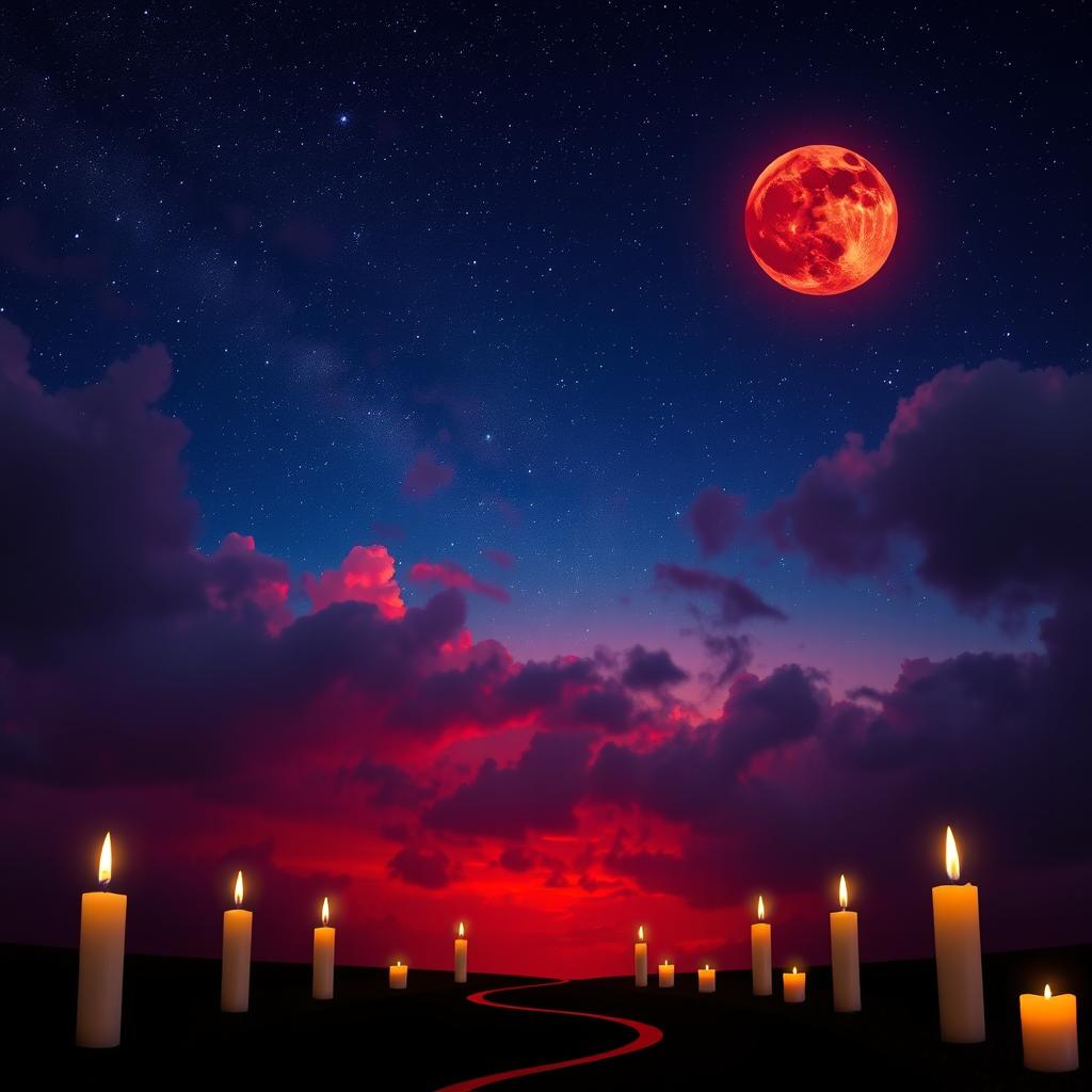 A stunning night sky filled with vibrant, twinkling stars and a blood moon casting an eerie glow