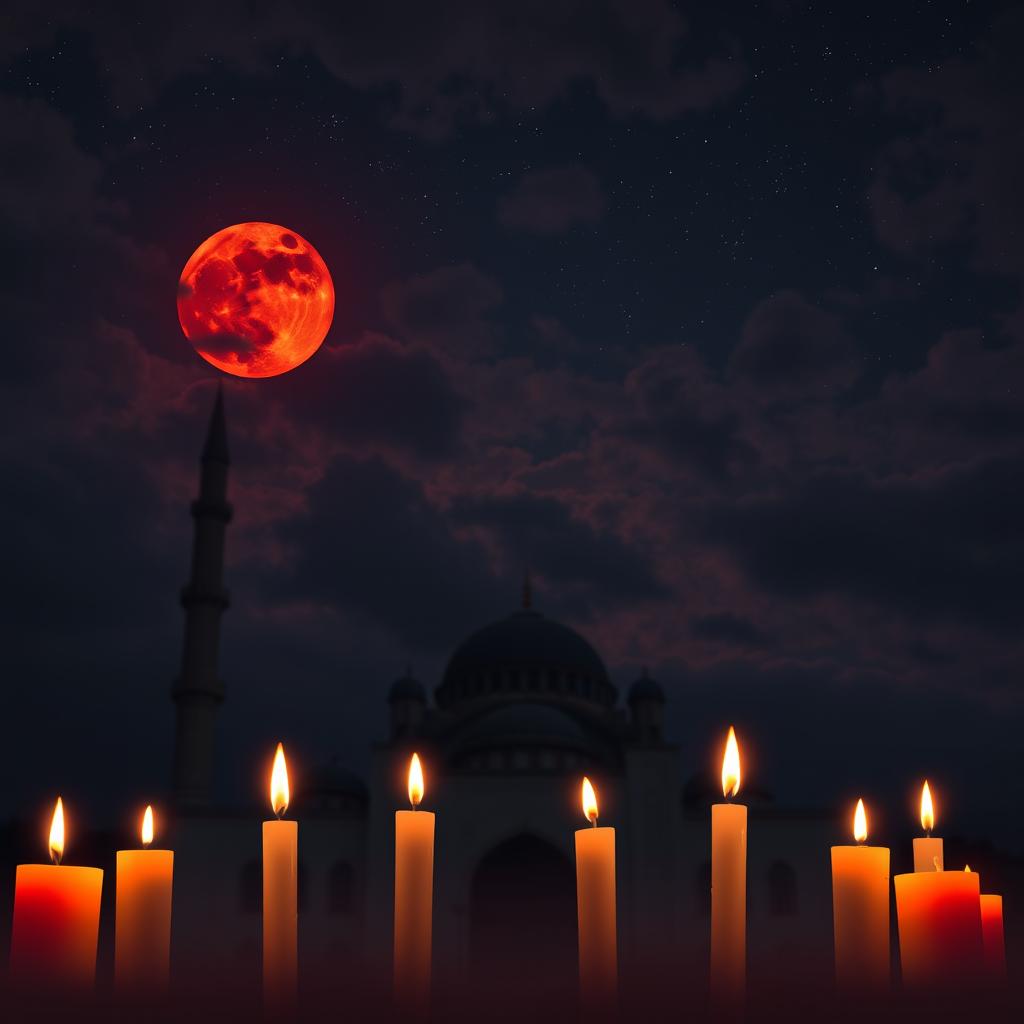 A captivating night scene with a cloudy sky filled with bright stars and a striking blood moon