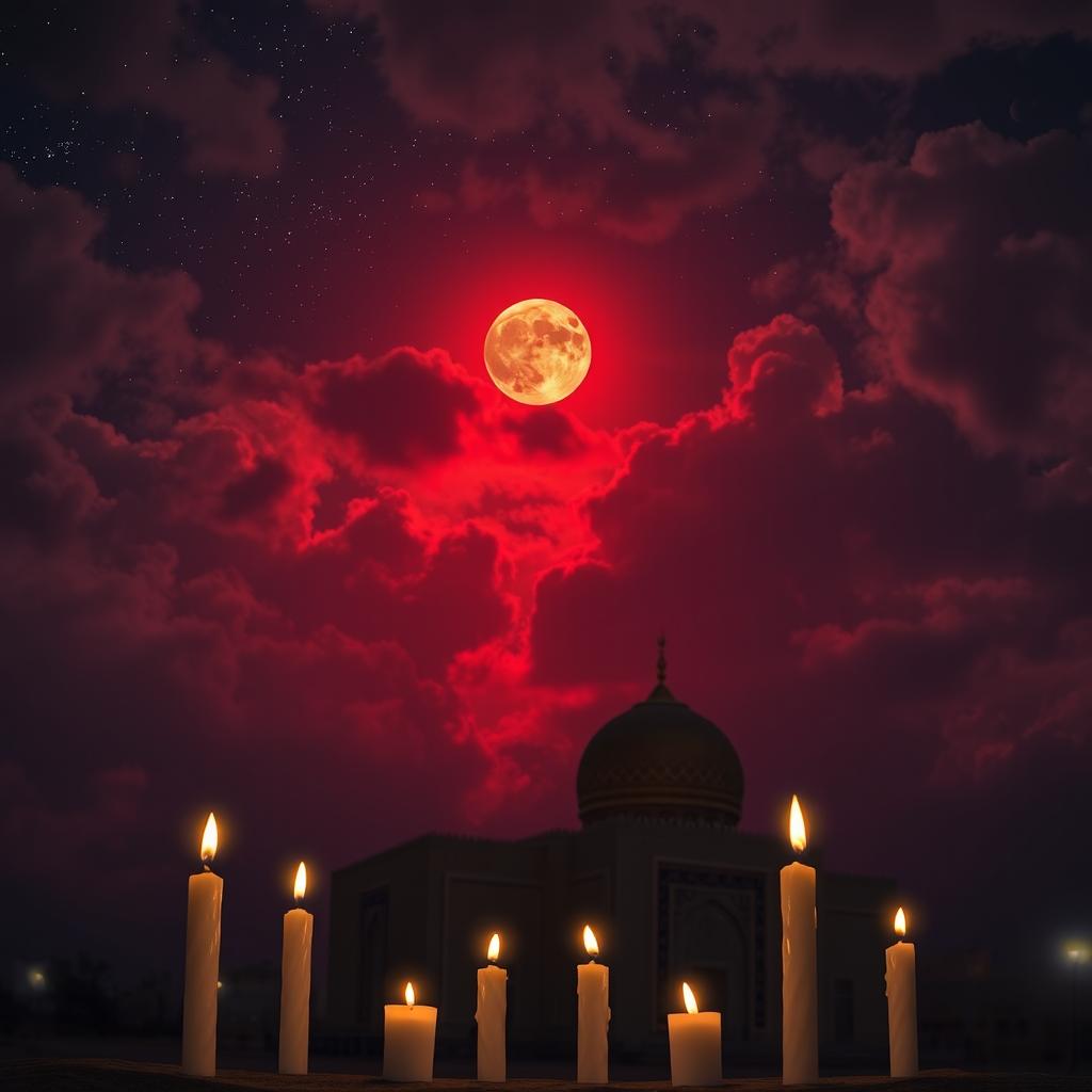 A mesmerizing night scene depicting a cloudy sky filled with bright stars and a striking blood moon casting a haunting glow