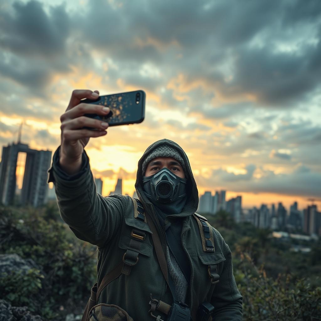 A dramatic scene capturing the last selfie on Earth, featuring a lone figure in a post-apocalyptic landscape