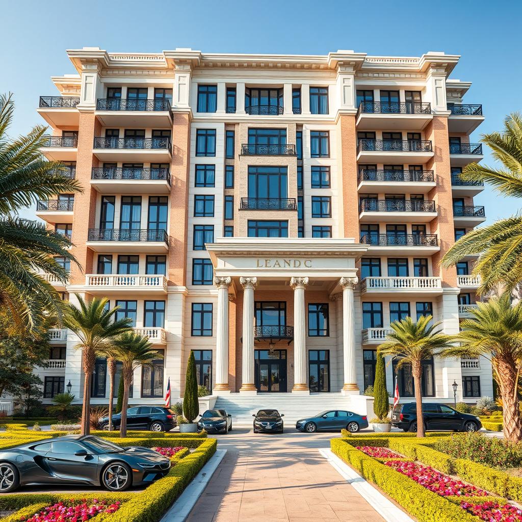 A luxurious 10-story residential tower showcasing a blend of modern architecture and elements inspired by the historical Achaemenid era