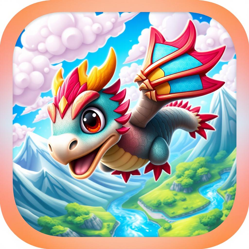 A vibrant and dynamic game icon featuring a fantastical creature with colorful scales, soaring through a vivid sky filled with clouds